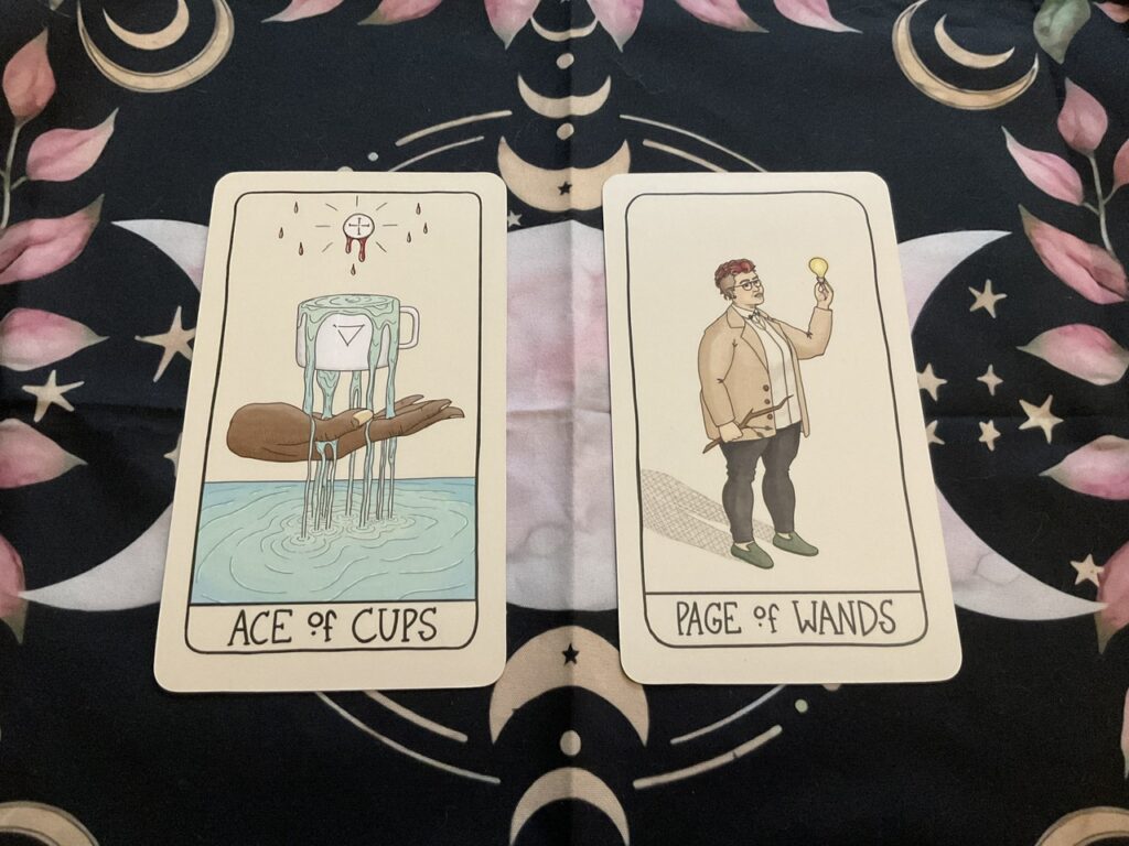 Tarot spread about living in denial
Card 1 Ace of cups
Card 2 Page of Wands